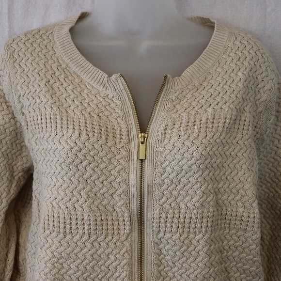 Banana Republic Full Zip Cream Textured Basket Weave Cardigan Sweater LG - Picture 3 of 11